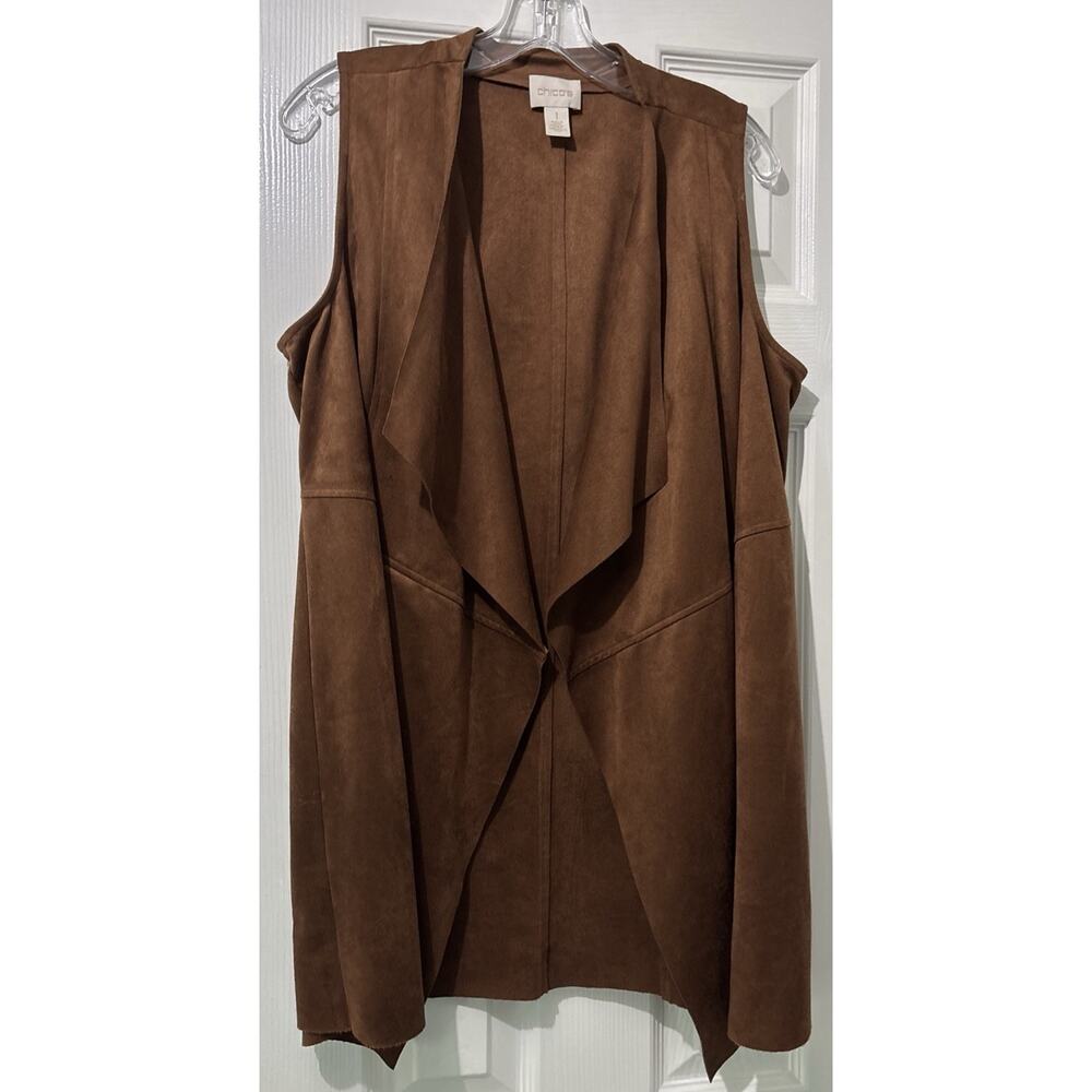 Chico's Faux Suede Open Front Waterfall Vest Brown Size 1 US Size 8 Pockets